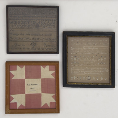 (6)19th century textiles, 5 needlepoint samplers and 1 quilt square