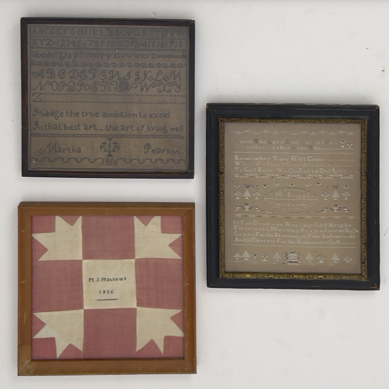(6)19th century textiles, 5 needlepoint samplers and 1 quilt square