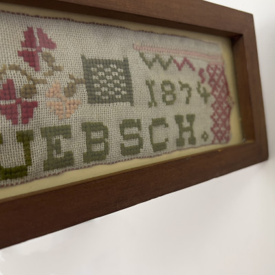 (6)19th century textiles, 5 needlepoint samplers and 1 quilt square