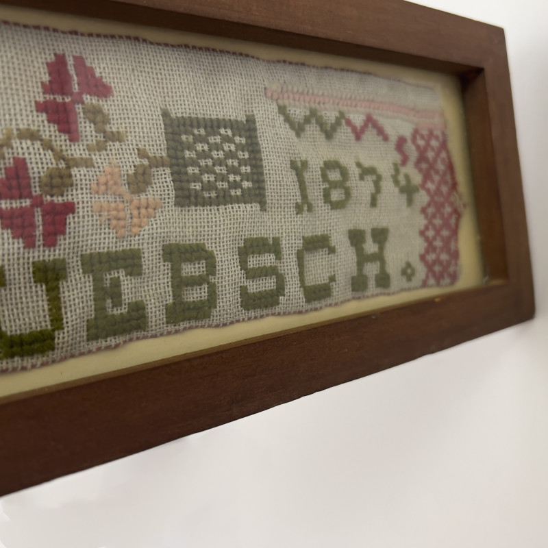 (6)19th century textiles, 5 needlepoint samplers and 1 quilt square