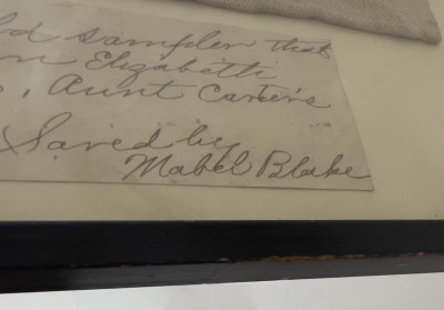 (6)19th century textiles, 5 needlepoint samplers and 1 quilt square