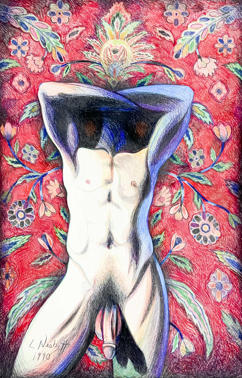 Lowell Nesbitt - Male Torso with Red Floral Background