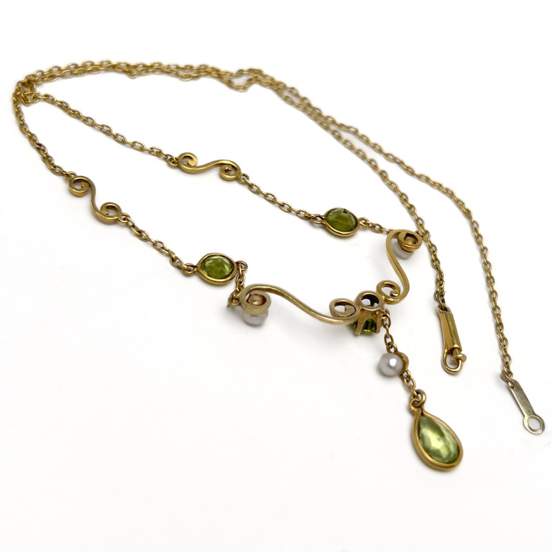 Gold, Peridot, and Pearl Lavalier Necklace
