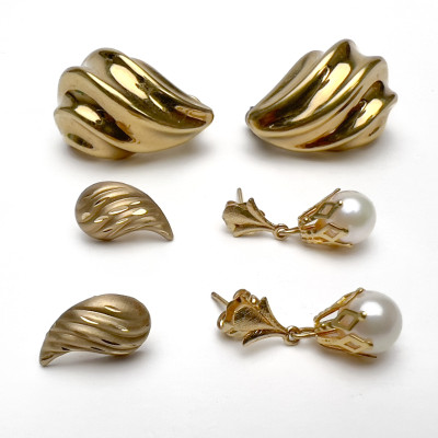Image for Lot Three Pairs of Gold Earrings, One with Drop Pearls