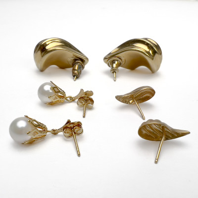 Three Pairs of Gold Earrings, One with Drop Pearls