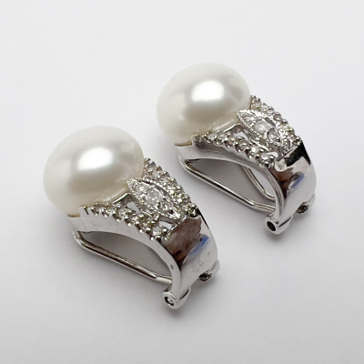 Image for Lot Gold, Pave Diamond and Pearl Earrings
