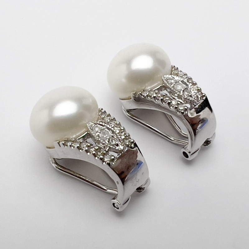 Gold, Pave Diamond and Pearl Earrings