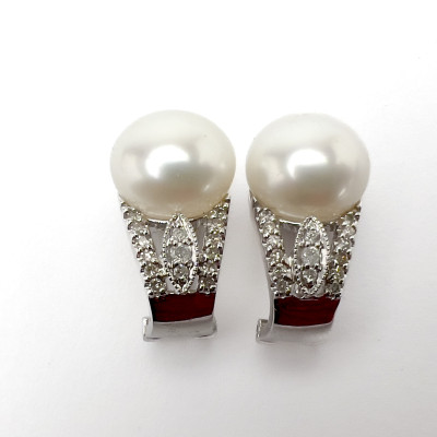 Gold, Pave Diamond and Pearl Earrings