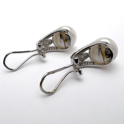 Gold, Pave Diamond and Pearl Earrings