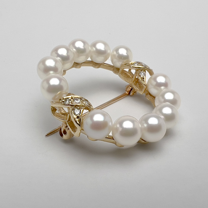 Gold Pearl and Diamond Wreath Brooch and Earrings