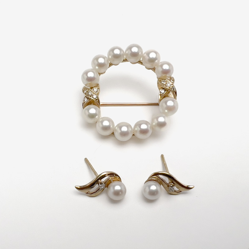 Gold Pearl and Diamond Wreath Brooch and Earrings