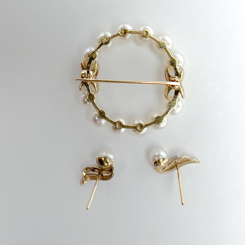 Gold Pearl and Diamond Wreath Brooch and Earrings