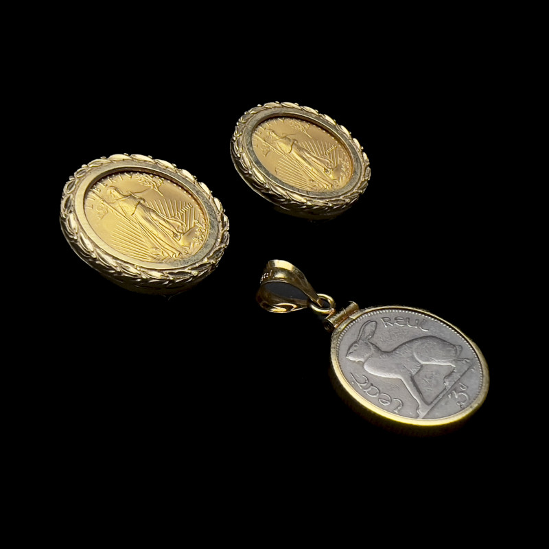 Gold 5 Dollar Walking Liberty Coin Earrings With Irish Threepence Pendant