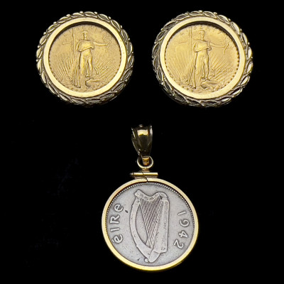Gold 5 Dollar Walking Liberty Coin Earrings With Irish Threepence Pendant