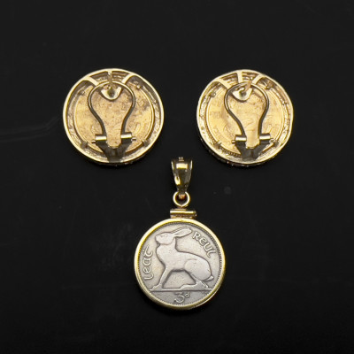 Gold 5 Dollar Walking Liberty Coin Earrings With Irish Threepence Pendant