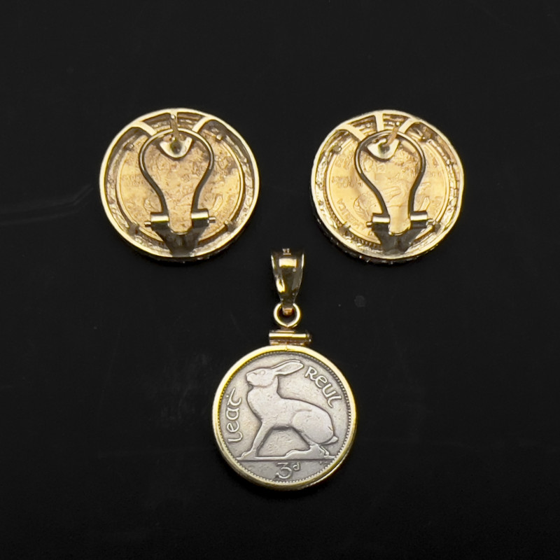 Gold 5 Dollar Walking Liberty Coin Earrings With Irish Threepence Pendant