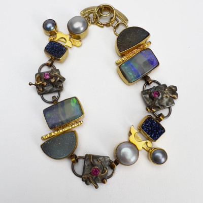Image for Lot Jennifer Kalled - Opal, Quartz, Pearl, and Garnet Gold Link Bracelet