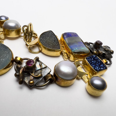 Jennifer Kalled - Opal, Quartz, Pearl, and Garnet Gold Link Bracelet