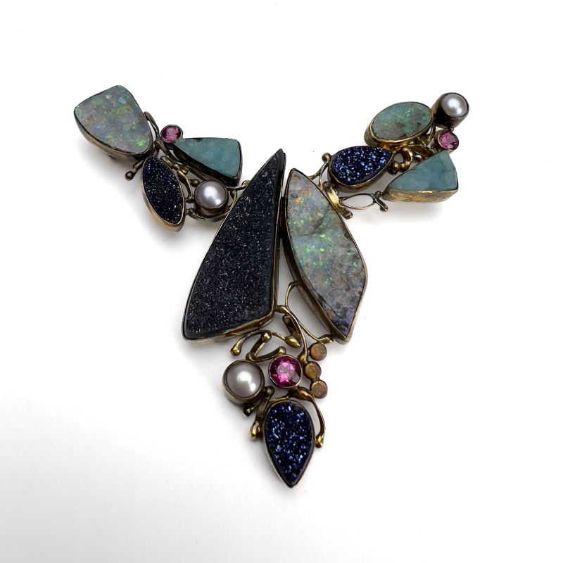 Jennifer Kalled - Opal, Quartz, Pearl, Garnet, Silver and Gold Pendant
