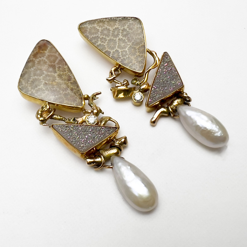 Jennifer Kalled - Fossilized Coral, Quartz, Diamond, and Drop Pearl Gold Earrings