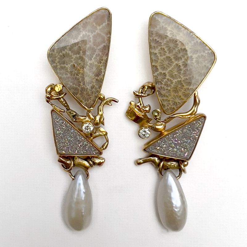 Jennifer Kalled - Fossilized Coral, Quartz, Diamond, and Drop Pearl Gold Earrings