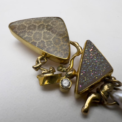 Jennifer Kalled - Fossilized Coral, Quartz, Diamond, and Drop Pearl Gold Earrings