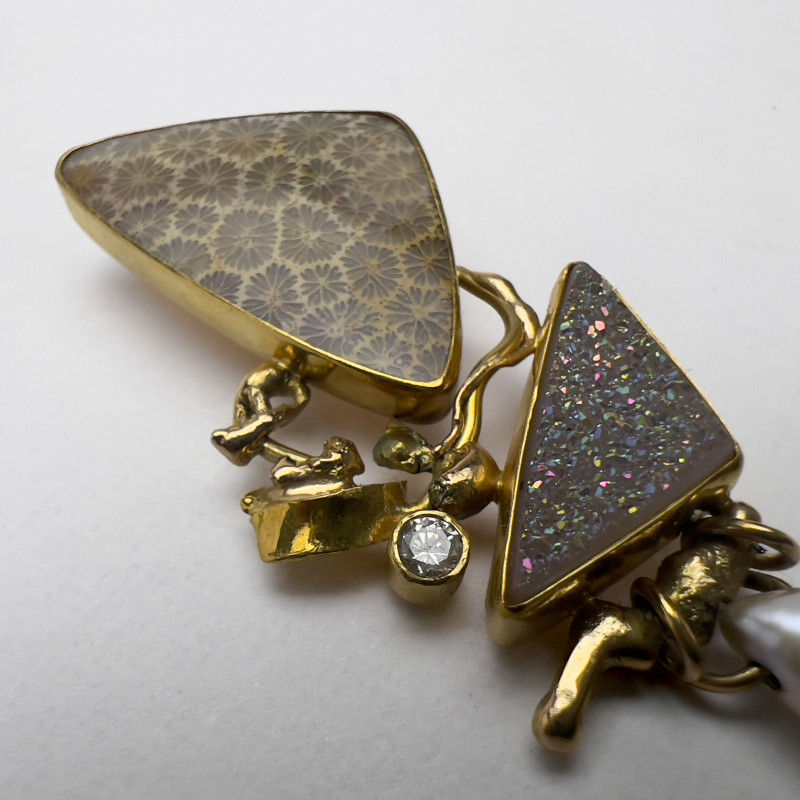 Jennifer Kalled - Fossilized Coral, Quartz, Diamond, and Drop Pearl Gold Earrings