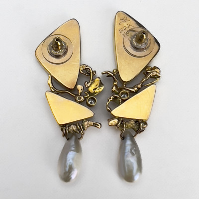 Jennifer Kalled - Fossilized Coral, Quartz, Diamond, and Drop Pearl Gold Earrings
