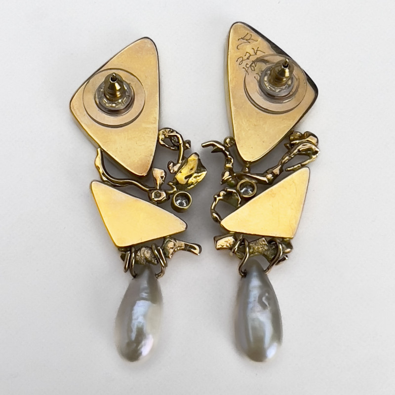 Jennifer Kalled - Fossilized Coral, Quartz, Diamond, and Drop Pearl Gold Earrings