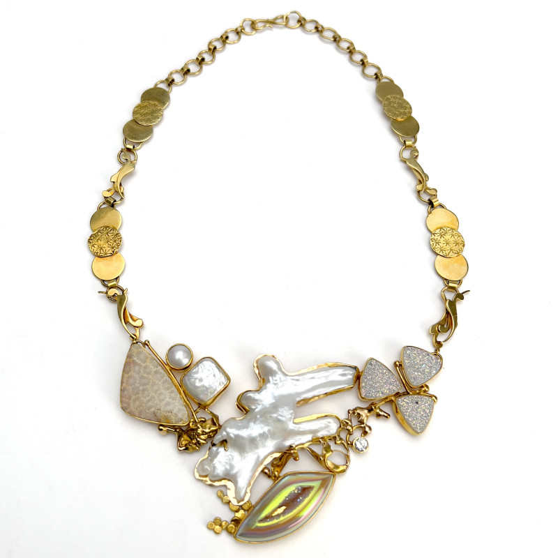 Jennifer Kalled - Fossilized Coral, Pearl, Quartz, and Diamond Gold Link Necklace