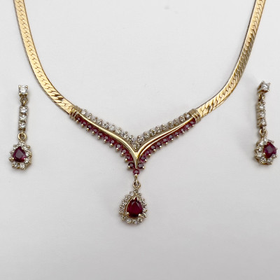 Image for Lot Gold and Ruby Necklace and Drop Earring Set