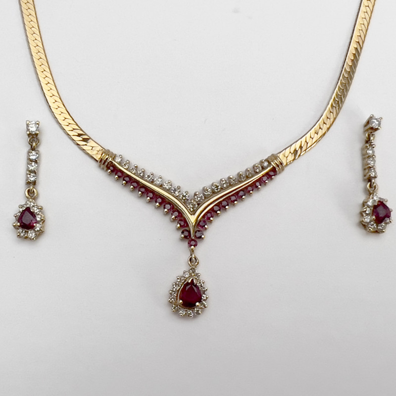 Gold and Ruby Necklace and Drop Earring Set