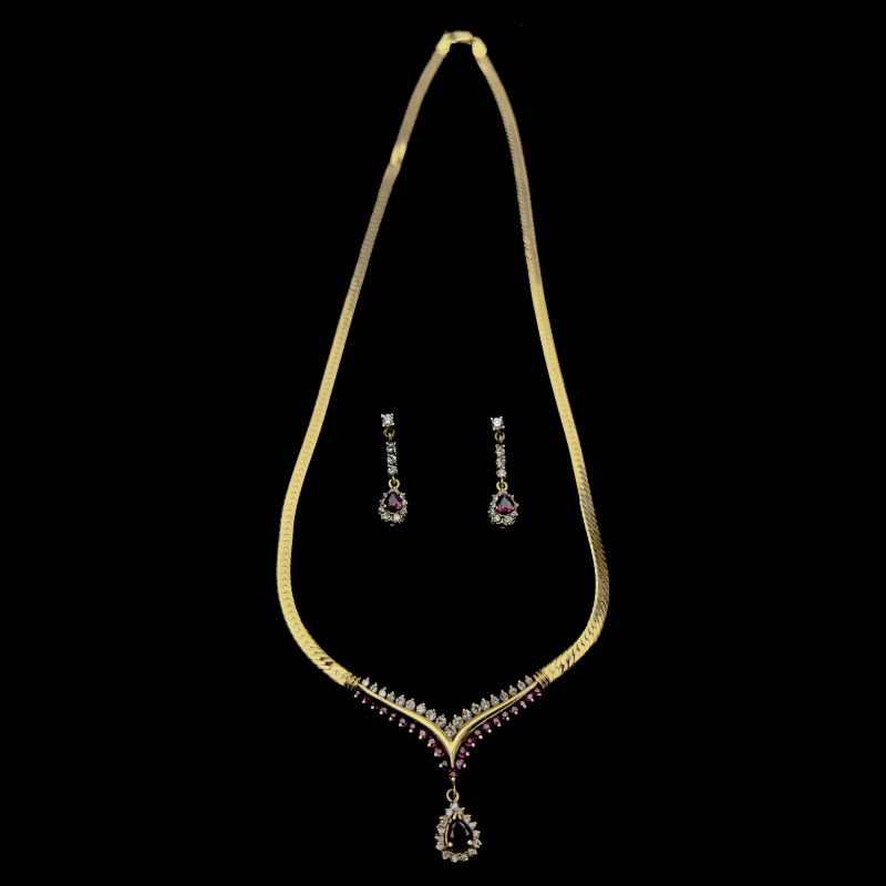 Gold and Ruby Necklace and Drop Earring Set