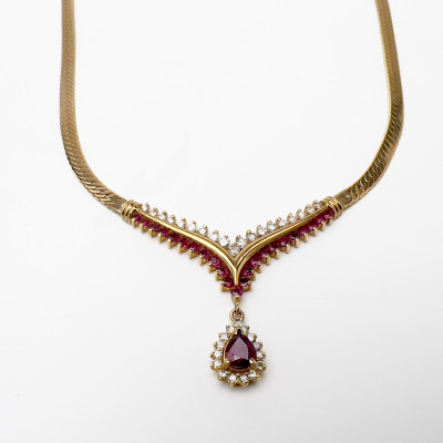 Gold and Ruby Necklace and Drop Earring Set
