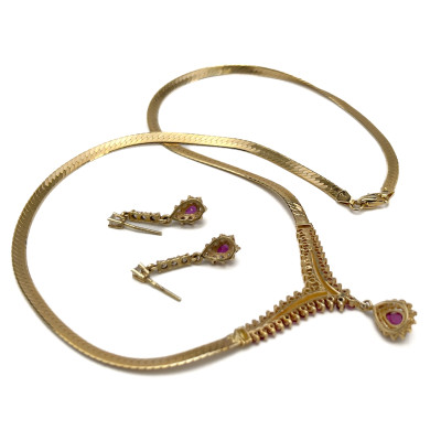 Gold and Ruby Necklace and Drop Earring Set