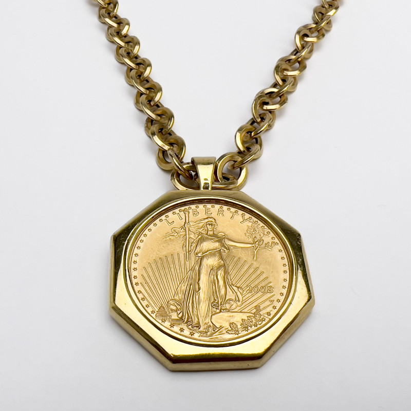 Gold 50 Dollar Walking Liberty Coin Pendant and Chain