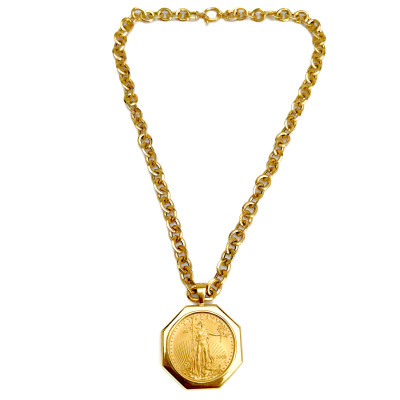 Gold 50 Dollar Walking Liberty Coin Pendant and Chain