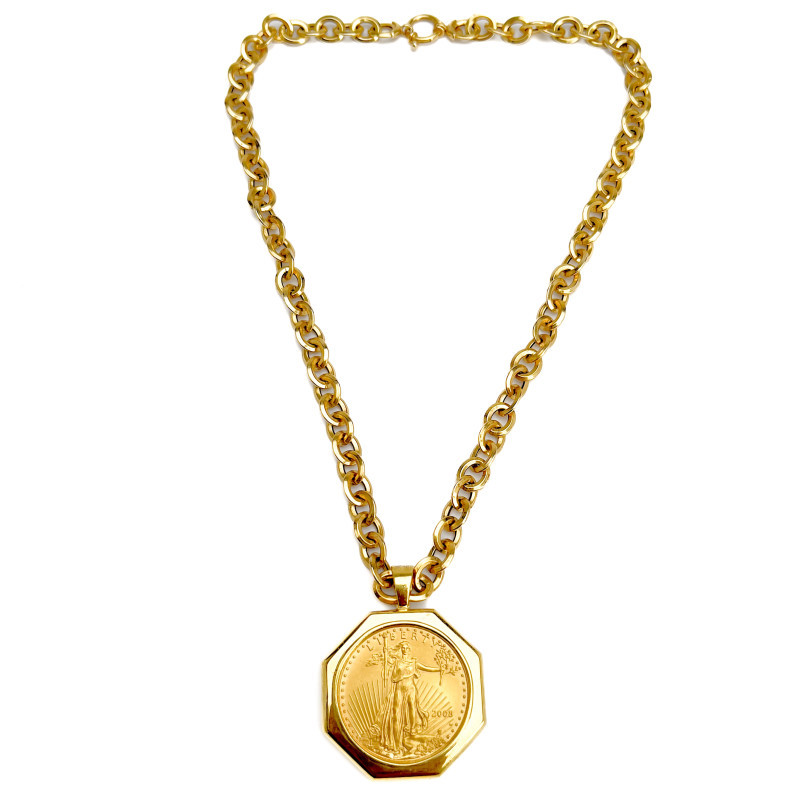 Gold 50 Dollar Walking Liberty Coin Pendant and Chain