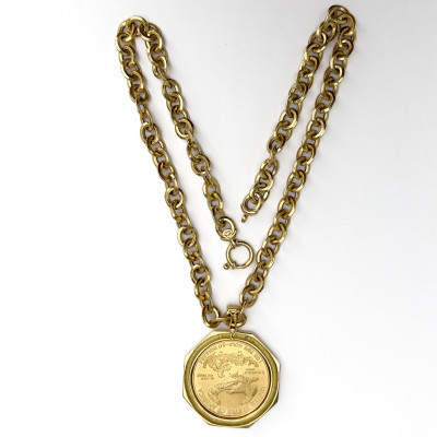 Gold 50 Dollar Walking Liberty Coin Pendant and Chain
