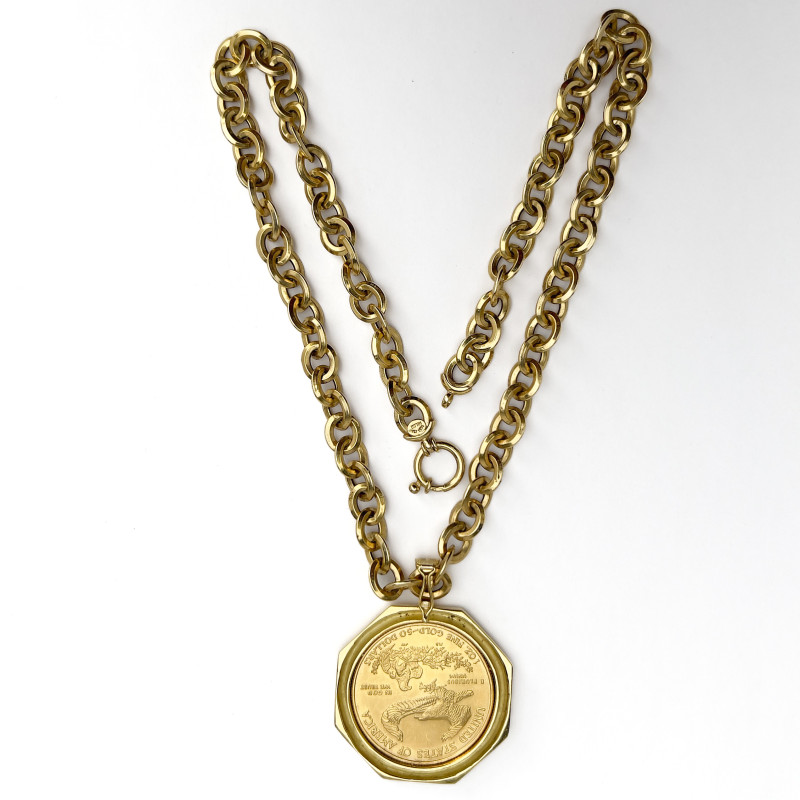 Gold 50 Dollar Walking Liberty Coin Pendant and Chain