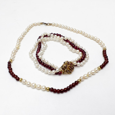 Image for Lot Pearl and Garnet Choker Necklace and Gold Clasp Bracelet