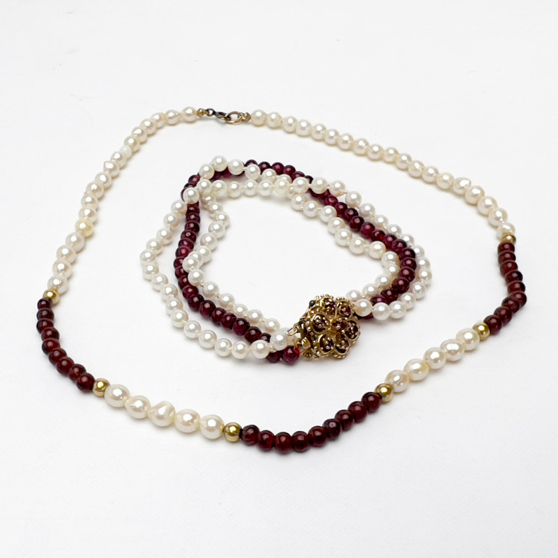 Pearl and Garnet Choker Necklace and Gold Clasp Bracelet