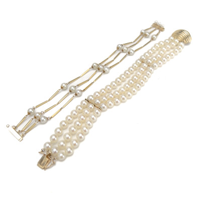 Image for Lot Two Gold and Pearl (Three Strand) Bracelets