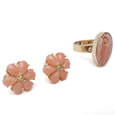 Gold Angel Skin Coral Necklace, Bracelet, Ring, and Earrings