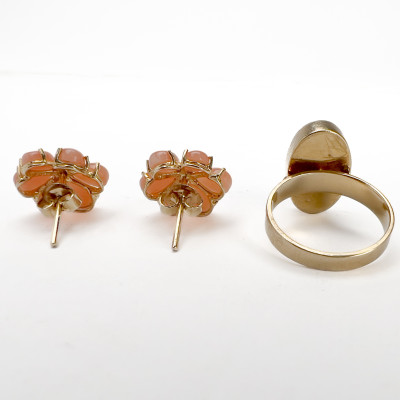 Gold Angel Skin Coral Necklace, Bracelet, Ring, and Earrings