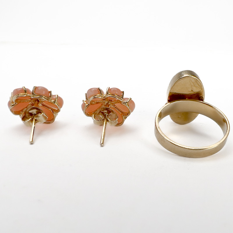 Gold Angel Skin Coral Necklace, Bracelet, Ring, and Earrings