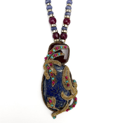 Image for Lot Ruth Frank - Chinese Enameled Silver Ornament with Agate Bead Necklace