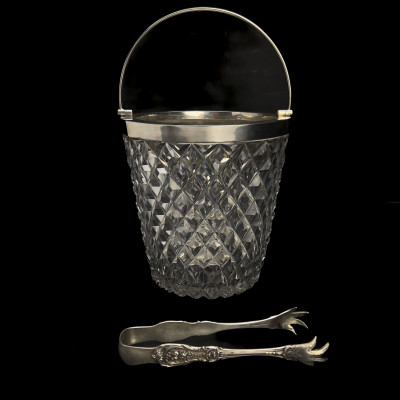 Image for Lot Victorian Silver Mounted Crystal Ice Bucket and Tongs