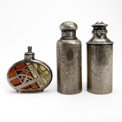 Image for Lot Tiffany & Co. - Two Hammered Silver Vanity Bottles along with a Spahr Style Perfume Bottle