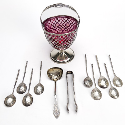 Image for Lot Silver Sugar Basket and Accessories, Group of 12